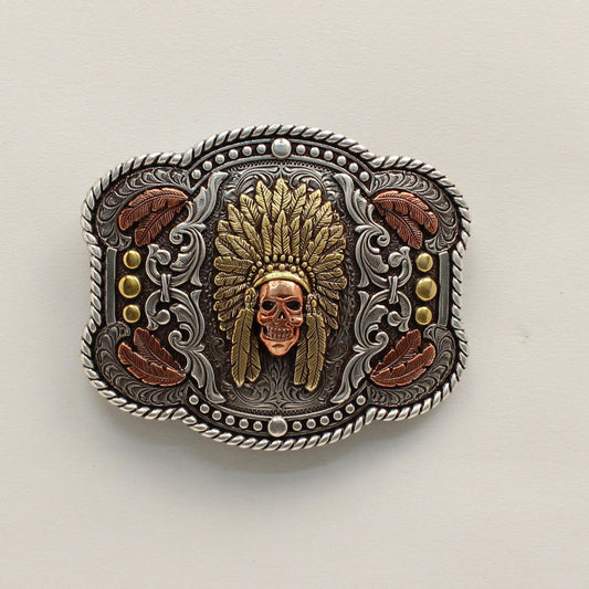 Nocona Chief Skull/Feathers Belt Buckle