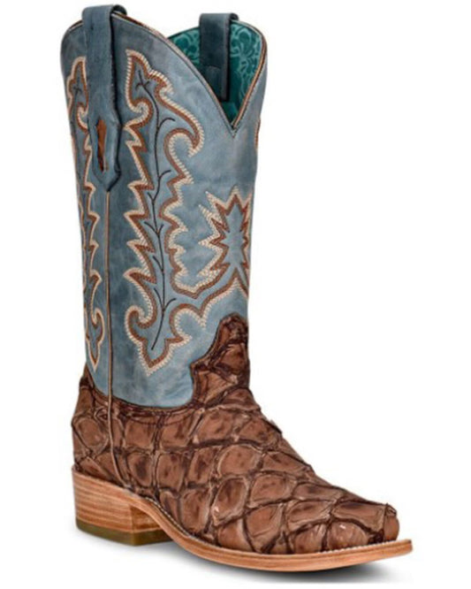 Corral Women's Pirarucu Embroidered Square Toe Brown/Blue