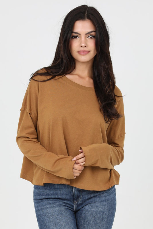 Angie Long Sleeve Knit Top W/ Raw Edges Tobacco