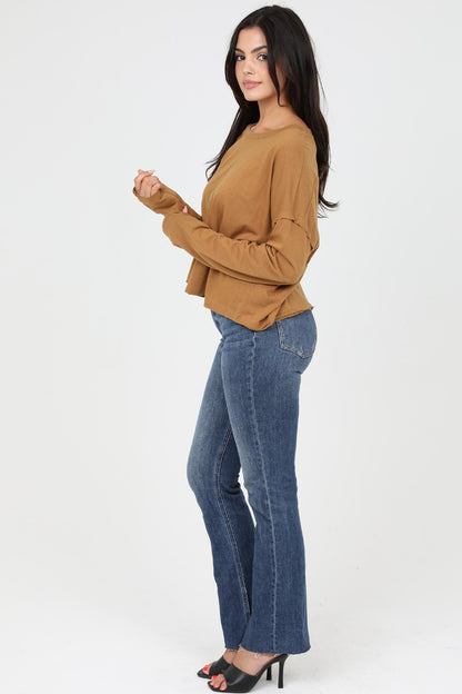 Angie Long Sleeve Knit Top W/ Raw Edges Tobacco