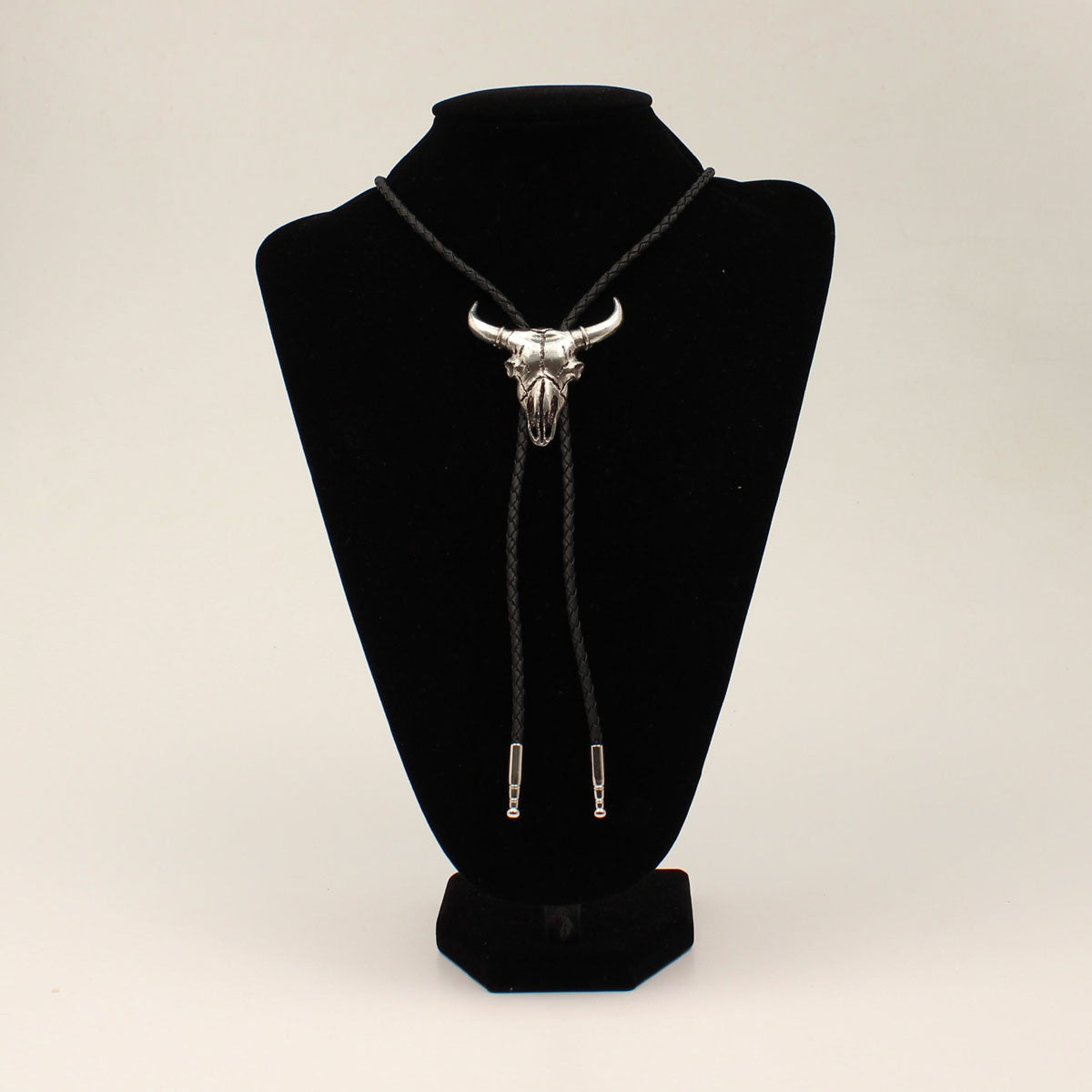 Double S Steer Skull Silver Bolo Tie