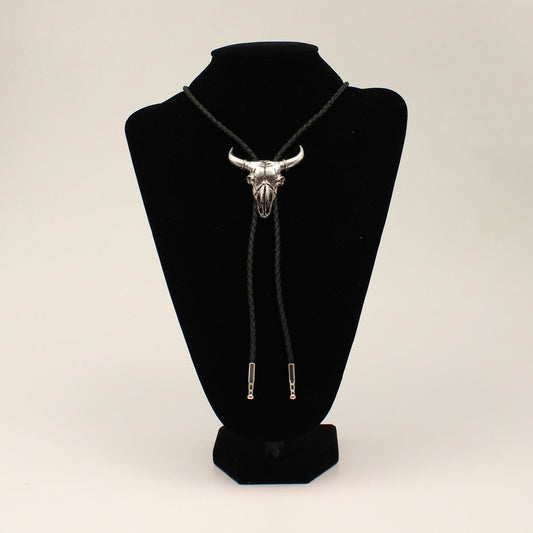 Double S Steer Skull Silver Bolo Tie