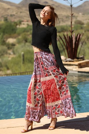 Angie Red/Lilac Smocked Waist Maxi Skirt