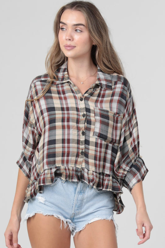 Angie Plaid Shirt With Ruffle Hem Tan Multi