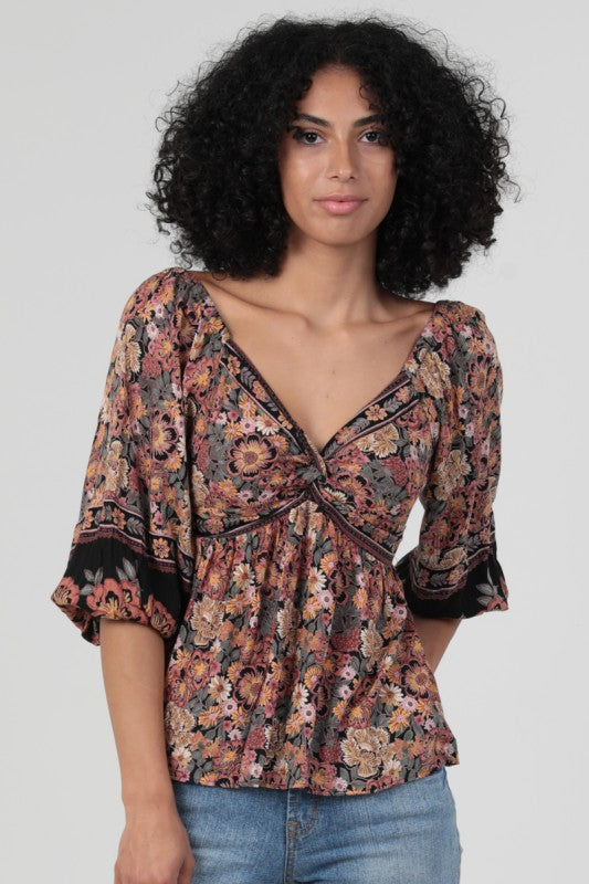 Angie V Neck Twist Front Blouse Black Multi