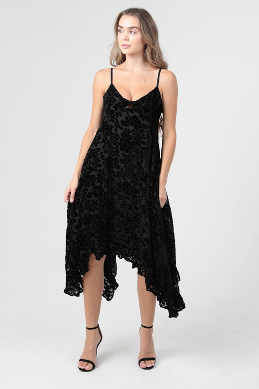 Angie Burnout Velvet Twist Front Hanky Hem Maxi Dress Black