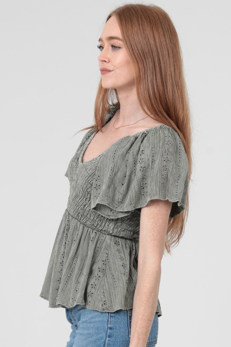 Angie Eyelet Embroidery Acid Wash V Neck Shirt Cactus