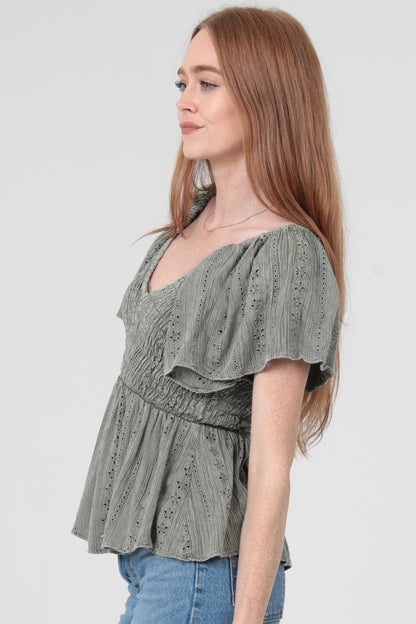 Angie Eyelet Embroidery Acid Wash V Neck Shirt Cactus