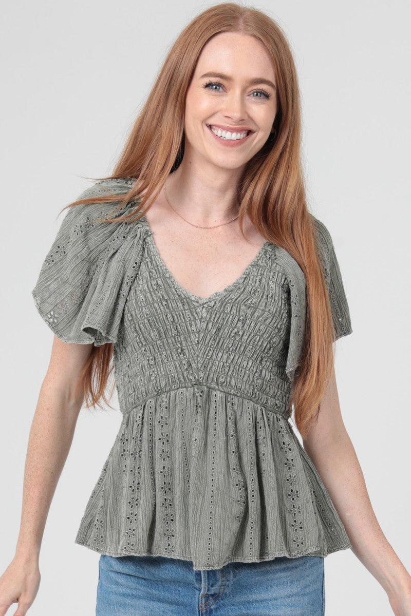 Angie Eyelet Embroidery Acid Wash V Neck Shirt Cactus