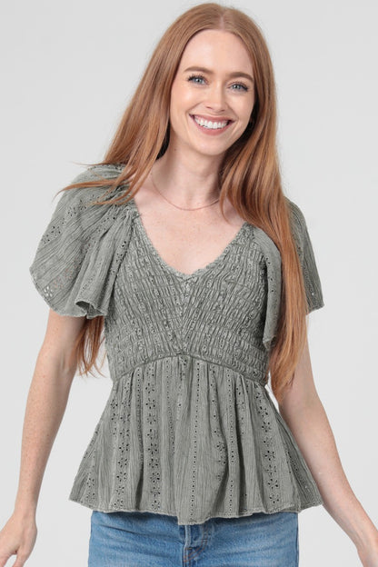 Angie Eyelet Embroidery Acid Wash V Neck Shirt Cactus