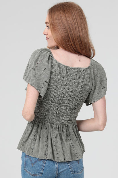 Angie Eyelet Embroidery Acid Wash V Neck Shirt Cactus