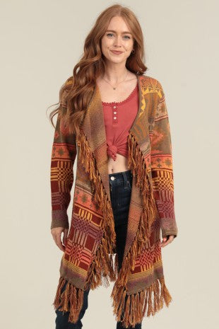 Angie Aztec Fringe Cardigan Maple Leaf