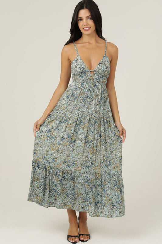 Angie V Neck Open Tie Back Maxi Dress Aqua