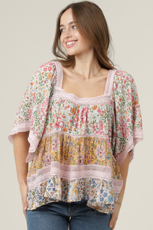 Angie Square Neck Lace Trim Mixed Multi Floral Print Top