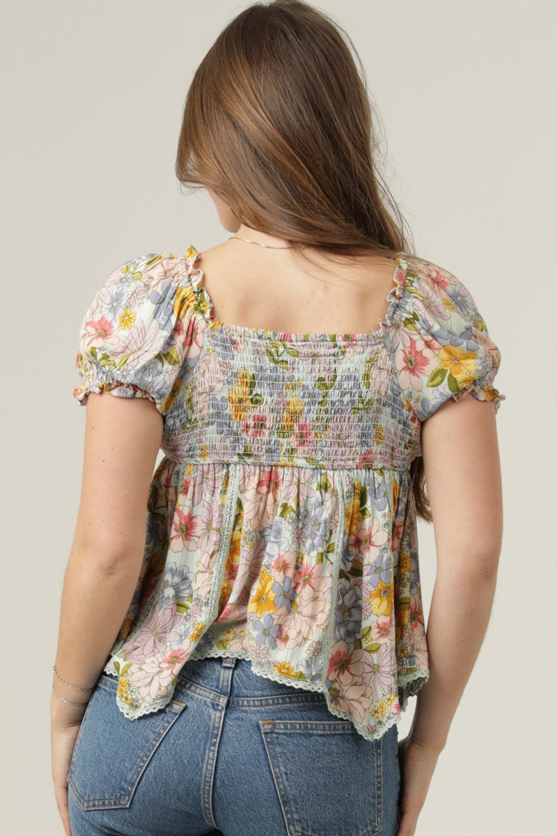 Angie Floral Print SS Lace Trim Hanky Hem Top Bay