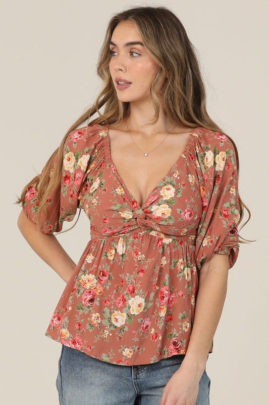 Angie V Neck Twist Front Half Sleeve Blouse Floral Taupe