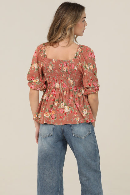 Angie V Neck Twist Front Half Sleeve Blouse Floral Taupe