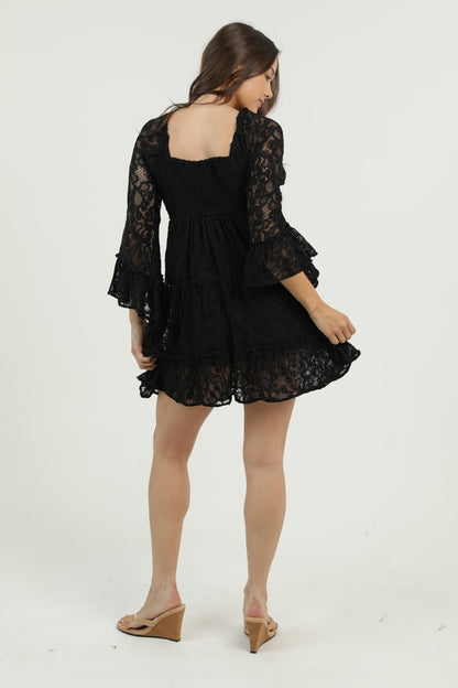 Angie V Neck Smocked Bust Flare Bell Sleeve Lace Dress Black