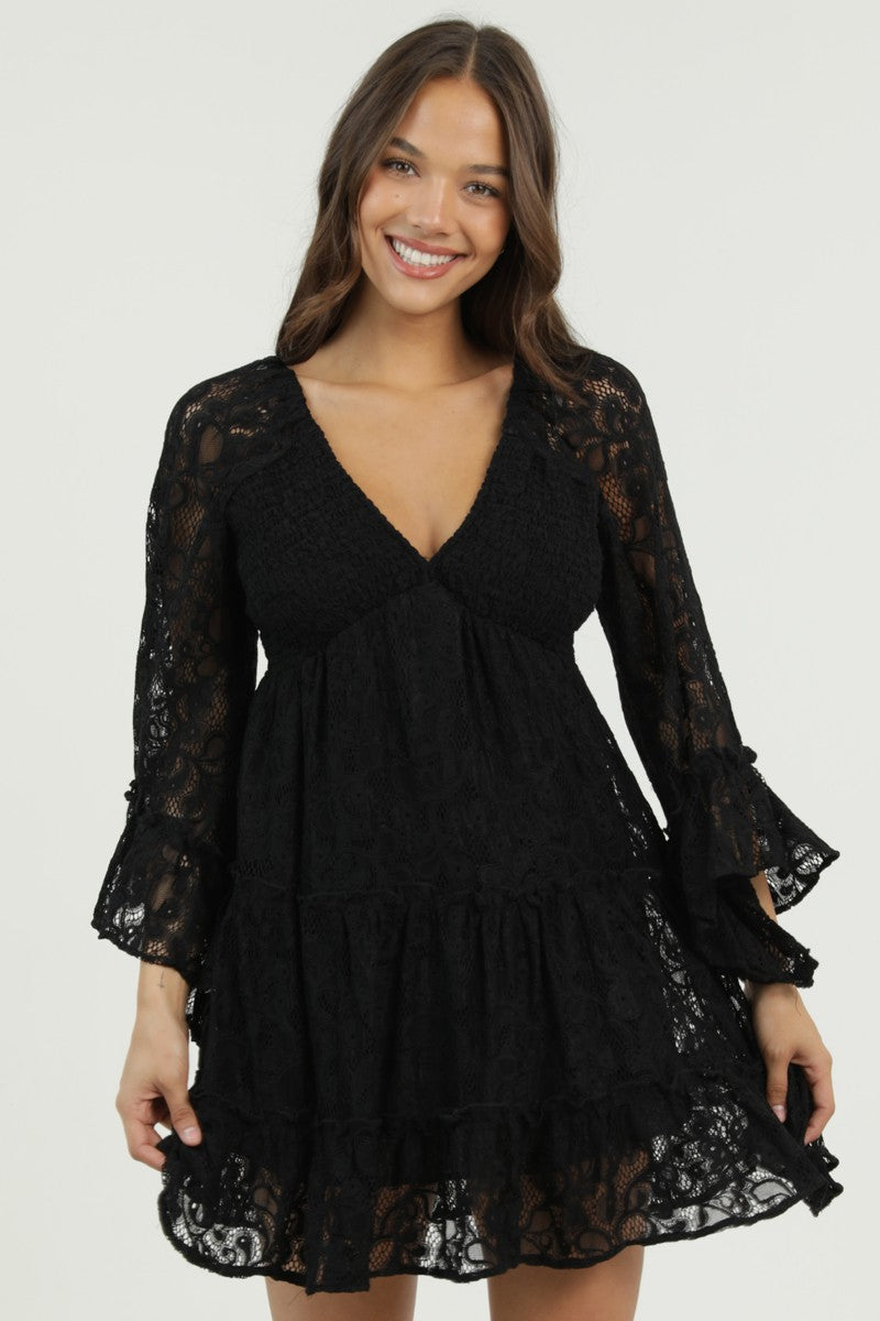 Angie V Neck Smocked Bust Flare Bell Sleeve Lace Dress Black
