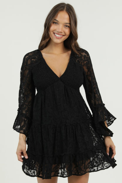 Angie V Neck Smocked Bust Flare Bell Sleeve Lace Dress Black
