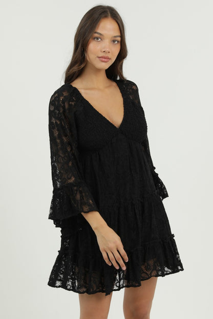 Angie V Neck Smocked Bust Flare Bell Sleeve Lace Dress Black