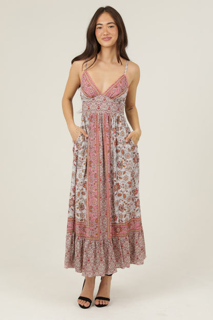 Angie V Neck Open Tie Back Printed Maxi Dress Sunrise
