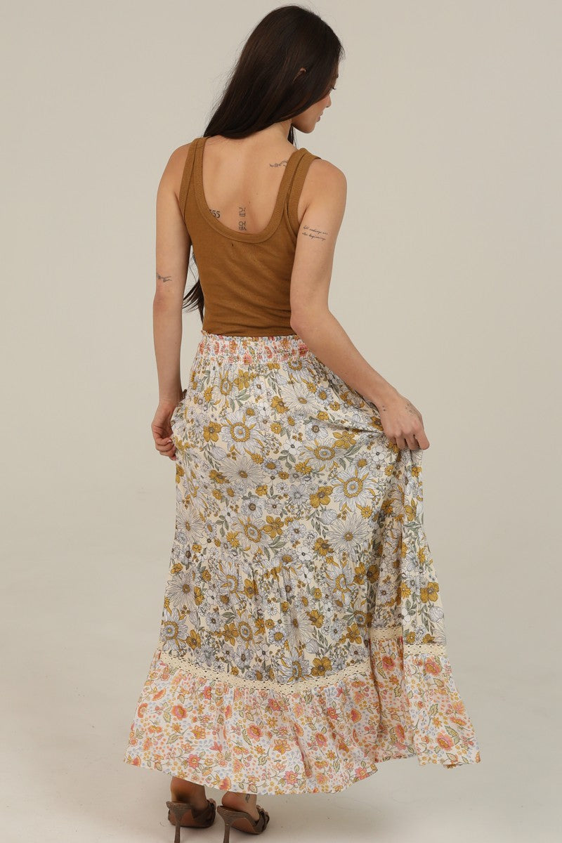 Angie Floral Lace Trim Maxi Skirt Lemon