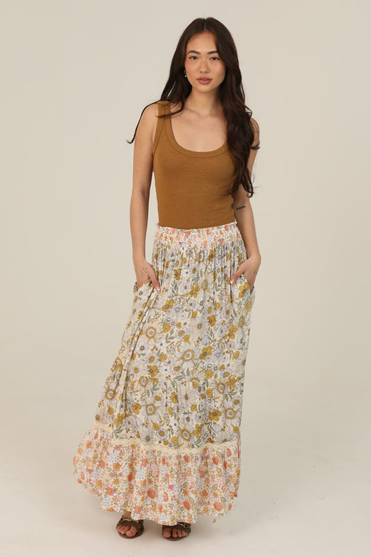 Angie Floral Lace Trim Maxi Skirt Lemon