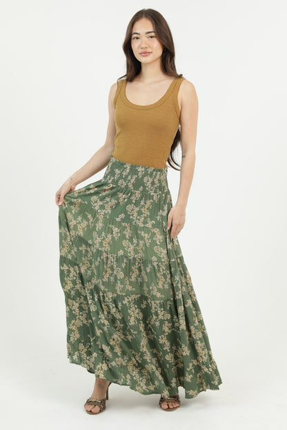 Angie Printed A Line Maxi Skirt Olive