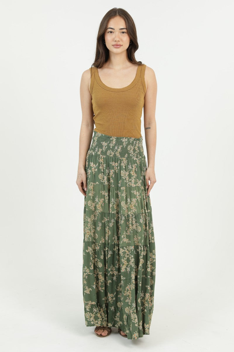 Angie Printed A Line Maxi Skirt Olive
