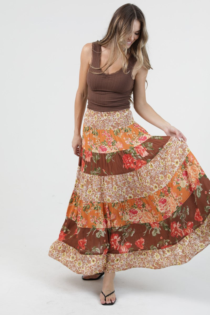 Angie Mixed Floral A Line Maxi Skirt Brown