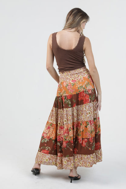 Angie Mixed Floral A Line Maxi Skirt Brown