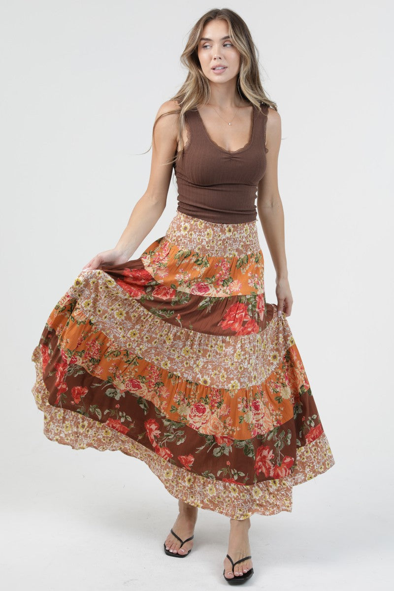 Angie Mixed Floral A Line Maxi Skirt Brown