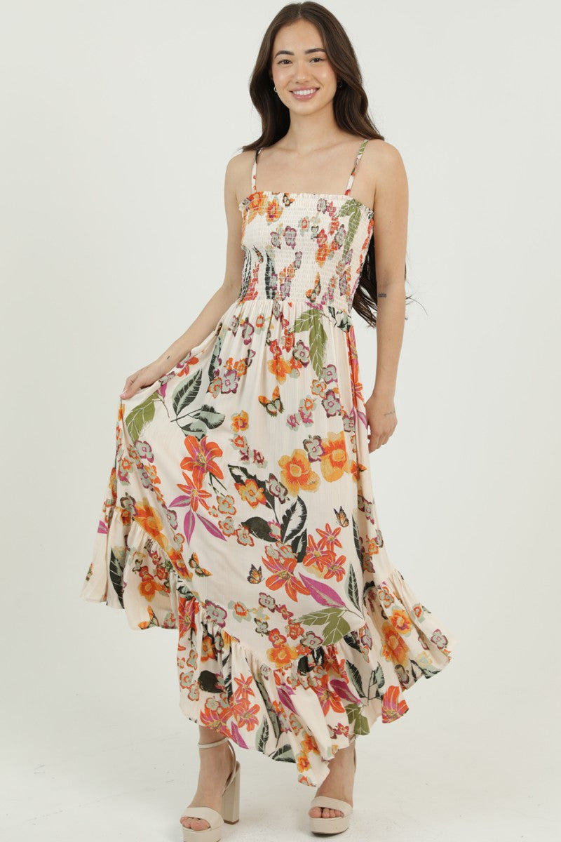 Angie Smocked Bodice Angled Hem Maxi Dress Ivory