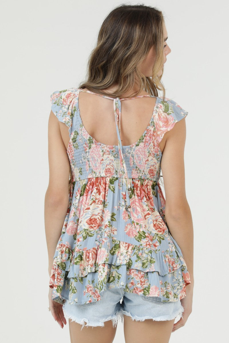 Angie Floral Print Ruffle Hem Flutter Sleeve Top Blue