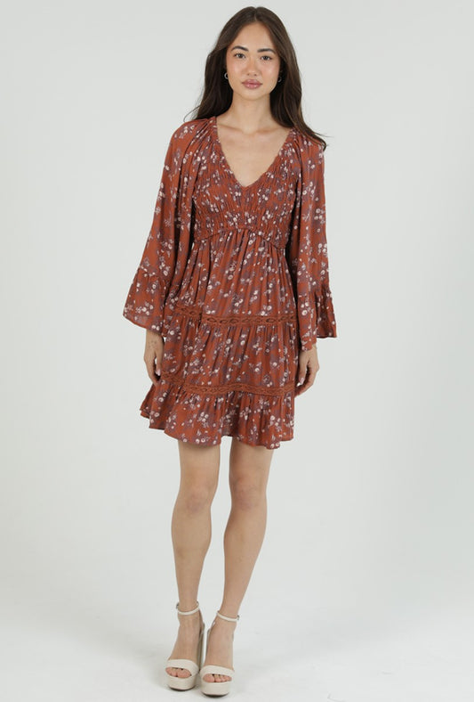 Angie Smocked Bodice Vneck LS Dress W/ Crochet Tiers Rust