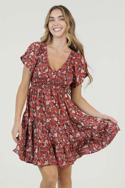 Angie Flutter Sleeve Short Dress Wine