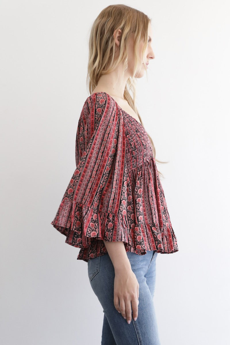 Angie V Neck Smocked Bust Wide Flare Sleeve Top Red/Black