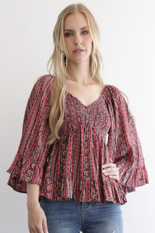 Angie V Neck Smocked Bust Wide Flare Sleeve Top Red/Black