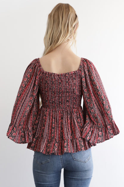 Angie V Neck Smocked Bust Wide Flare Sleeve Top Red/Black
