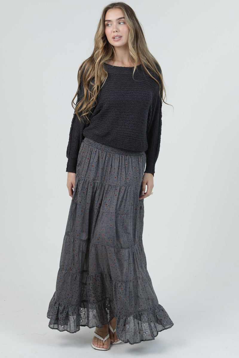 Angie Tiered Maxi Skirt Grey Floral