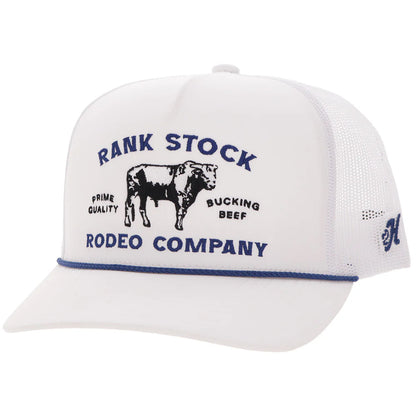 Hooey Rank Stock White 5-Panel Trucker with Blue Black Stitching