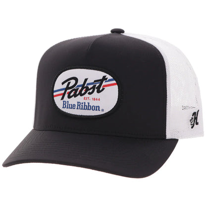 Hooey Pabst Blue Ribbon Black White 5-Panel Trucker with White Black Blue Red Patch