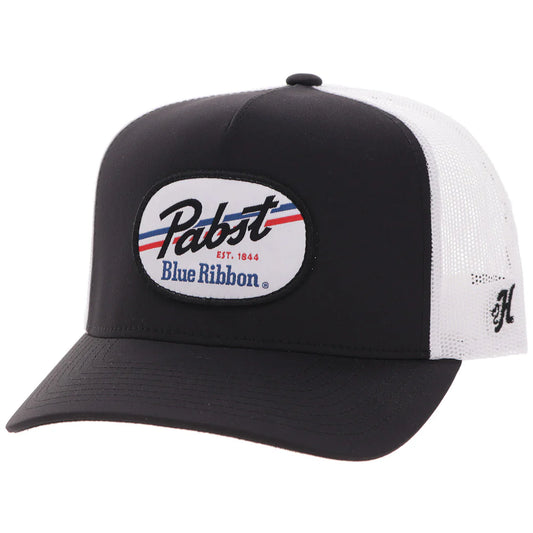 Hooey Pabst Blue Ribbon Black White 5-Panel Trucker with White Black Blue Red Patch