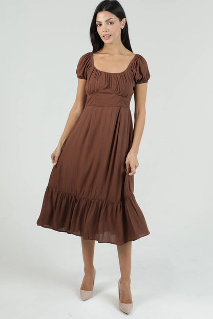 Angie Puff Sleeve Midi Dress Brown
