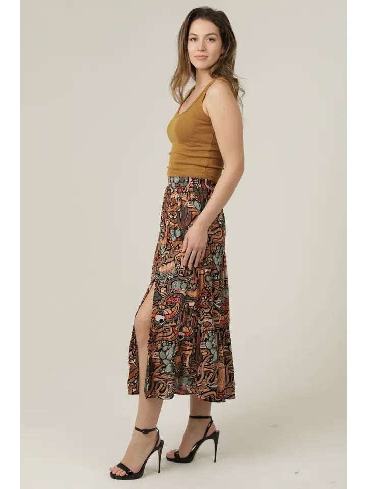 Angie Side Slit Cactus Print Midi Skirt