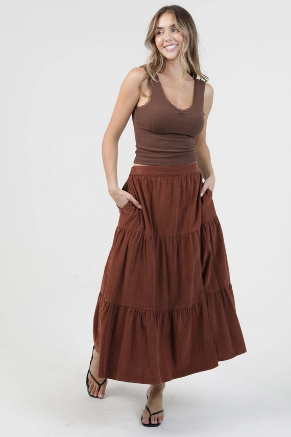Angie Cord Corduroy Acid Wash Maxi Skirt Brown