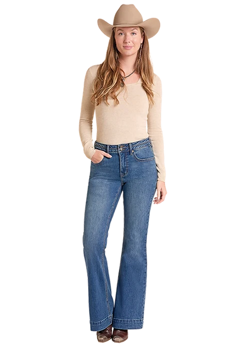 Rock & Roll Double Button High Rise Trouser Medium Wash