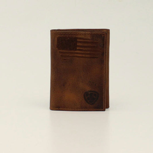 Ariat Embroidered Flag Distressed Brown Trifold Wallet