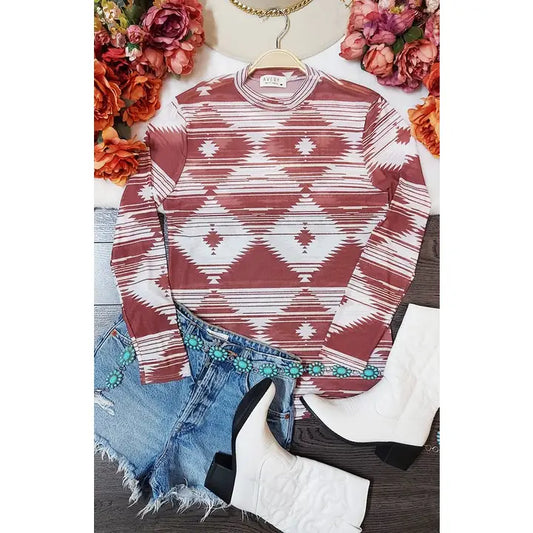 Avery Joey Geo Print Semi Sheer Long Sleeve Mesh Top